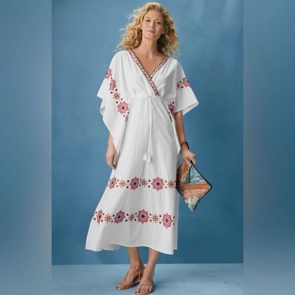 NWOT Soft Surroundings Cerise Kaftan Sleeve Embroidered Swim Coverup Medium Boho - Picture 1 of 9